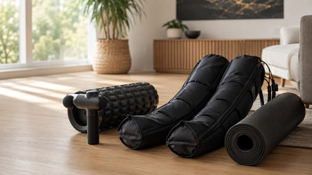 Massage gun, foam roller and compression boots on a wood floor next to a yoga mat