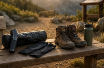 Massage gun, foam roller and calf sleeves on a bench beside hiking boots