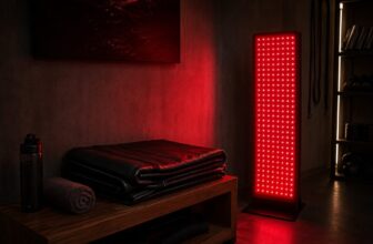 Glowing red light therapy panel next to a folded infrared sauna blanket on a bench