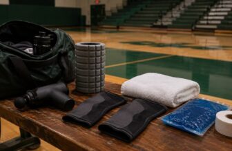 Student athlete recovery gear on a gym bench: massage gun, foam roller, knee sleeves, ice pack and athletic tape by a duffel bag
