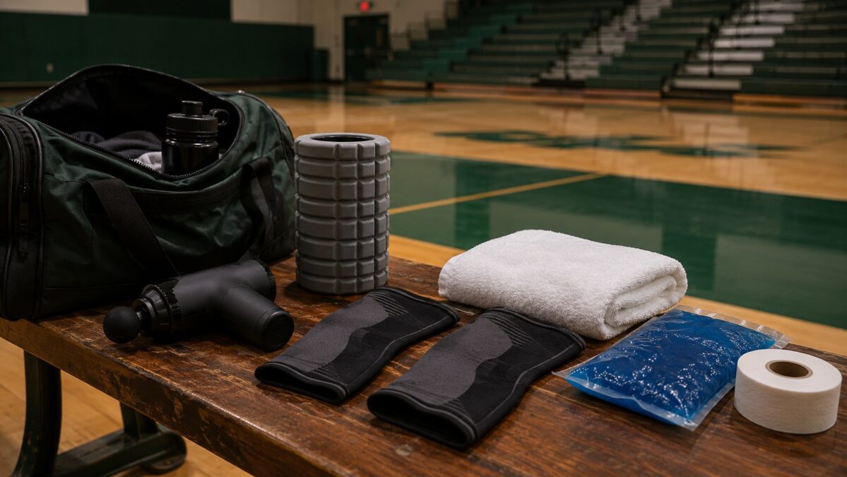 Student athlete recovery gear on a gym bench: massage gun, foam roller, knee sleeves, ice pack and athletic tape by a duffel bag