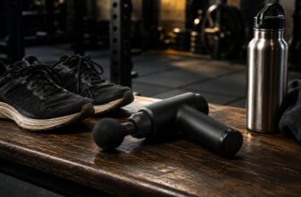 Black massage gun on a wooden gym bench next to running shoes and a water bottle