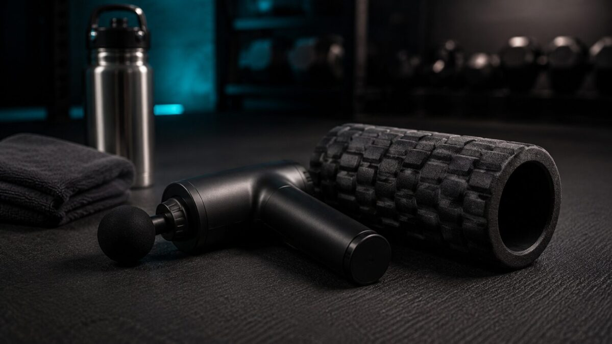 Black massage gun next to a dark foam roller on a gym floor mat