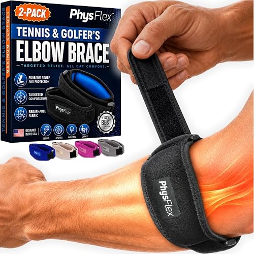 PhysFlex elbow brace with adjustable compression strap in black