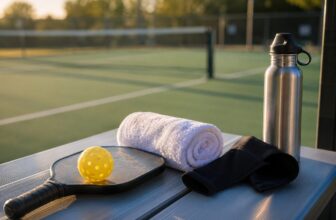 Pickleball paddle, ball, towel, elbow sleeve and water bottle on a courtside bench