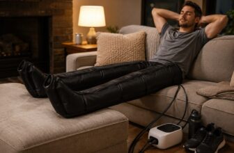 Person wearing QUINEAR leg recovery compression boots on a couch with controller and running shoes on the floor