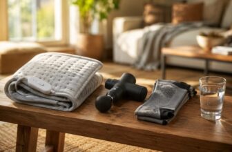 Heating pad, black massage gun, compression socks and a glass of water on a wooden bench in warm light
