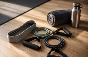 Resistance bands, fabric loop and tube bands, on a gym floor