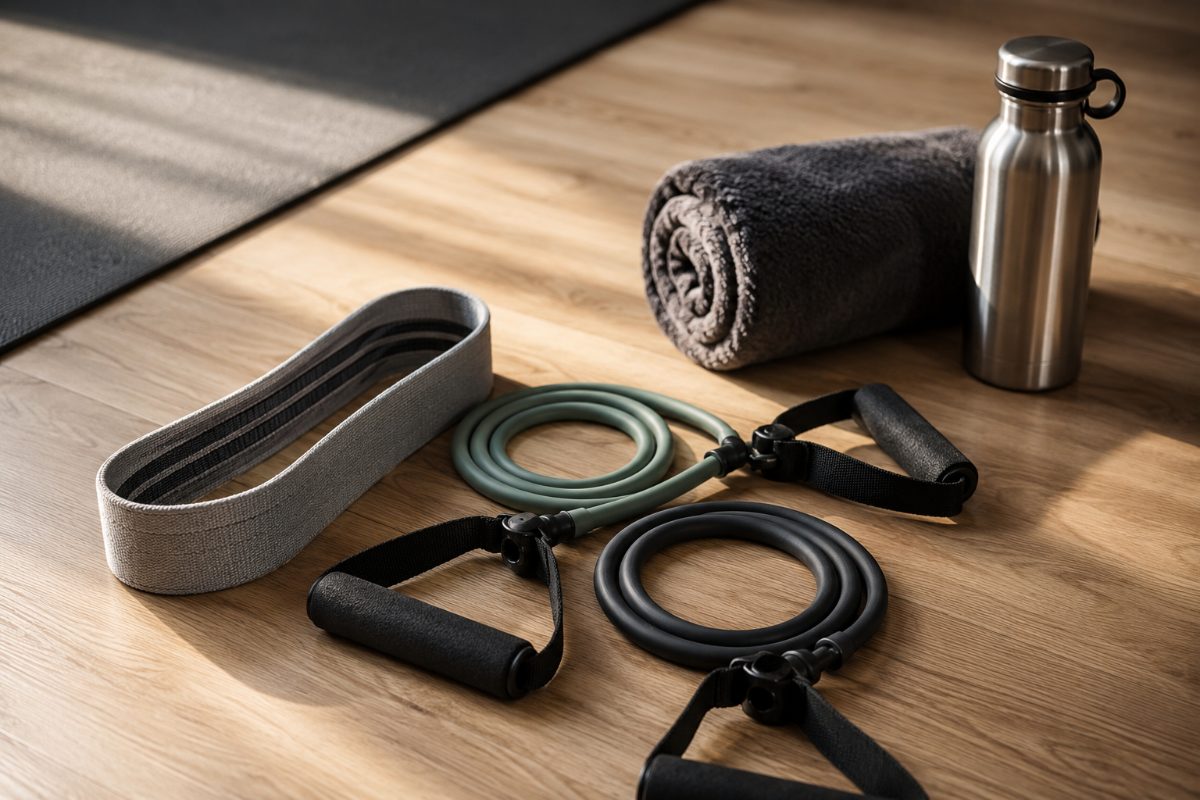 Resistance bands, fabric loop and tube bands, on a gym floor