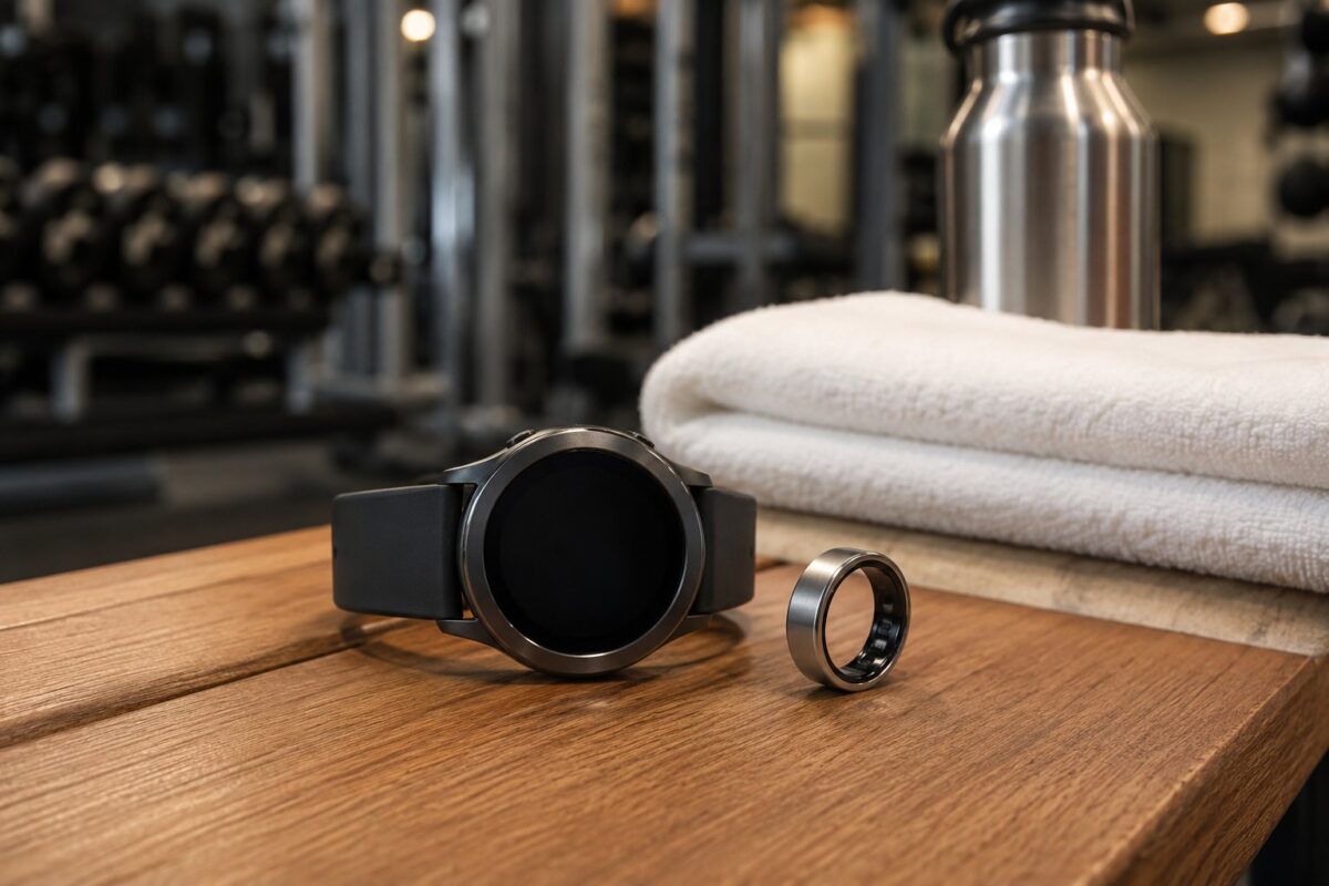 Smartwatch and titanium smart ring on a gym bench next to towel and water bottle