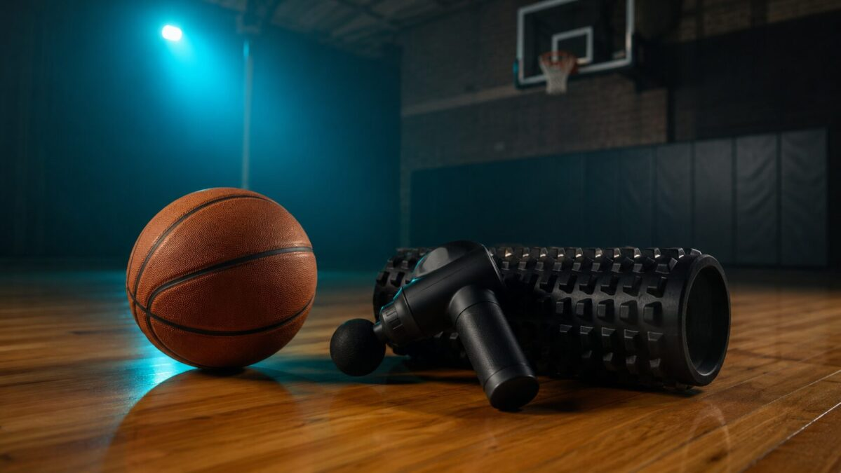 Basketball on a hardwood gym floor next to a black massage gun and foam roller in moody lighting