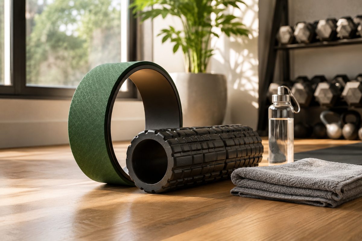 Yoga wheel and foam roller on a home gym floor with towel and water bottle