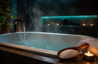 Bathtub filling with steaming water, scoop of white epsom salt crystals and towel on the tub edge