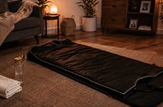 Infrared sauna blanket open on a living room floor with towel and water bottle