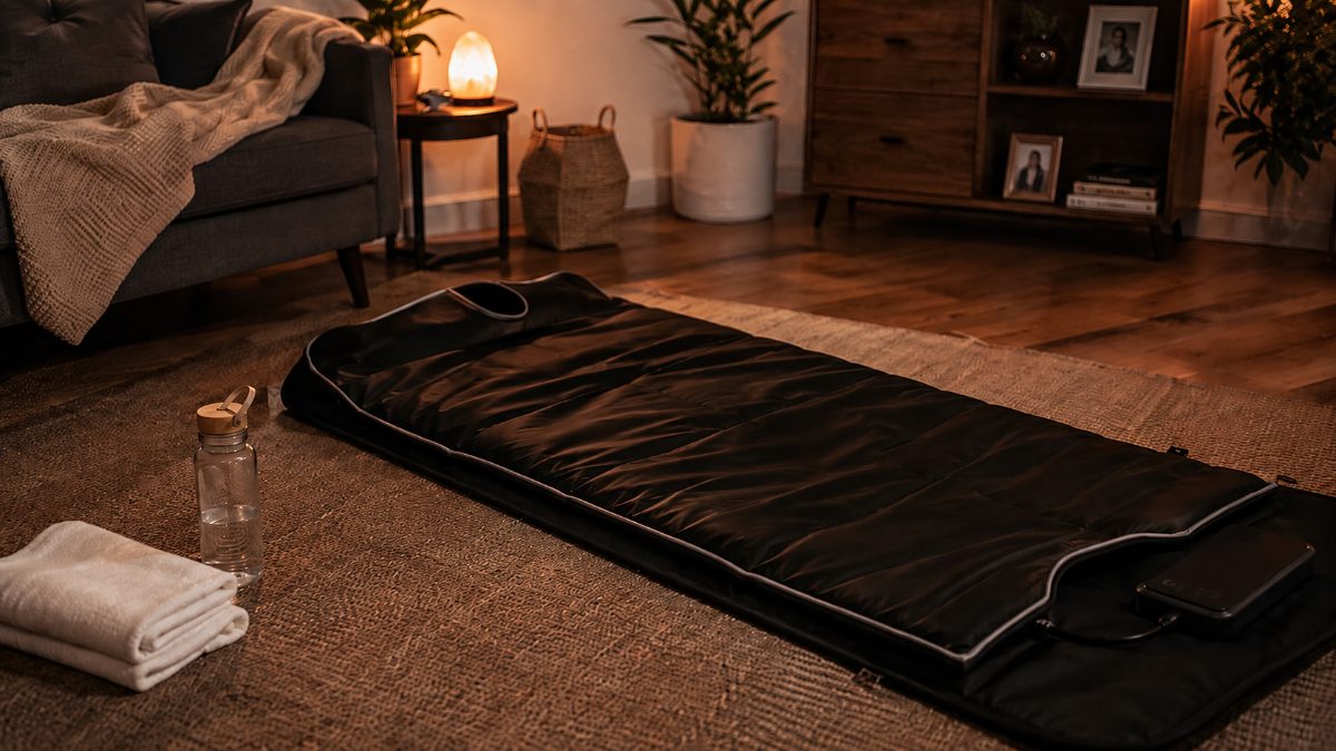 Infrared sauna blanket open on a living room floor with towel and water bottle