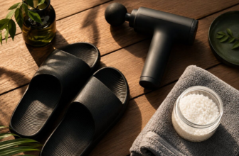 Massage gun, recovery sandals, towel and bath salts on a wooden deck in golden hour light