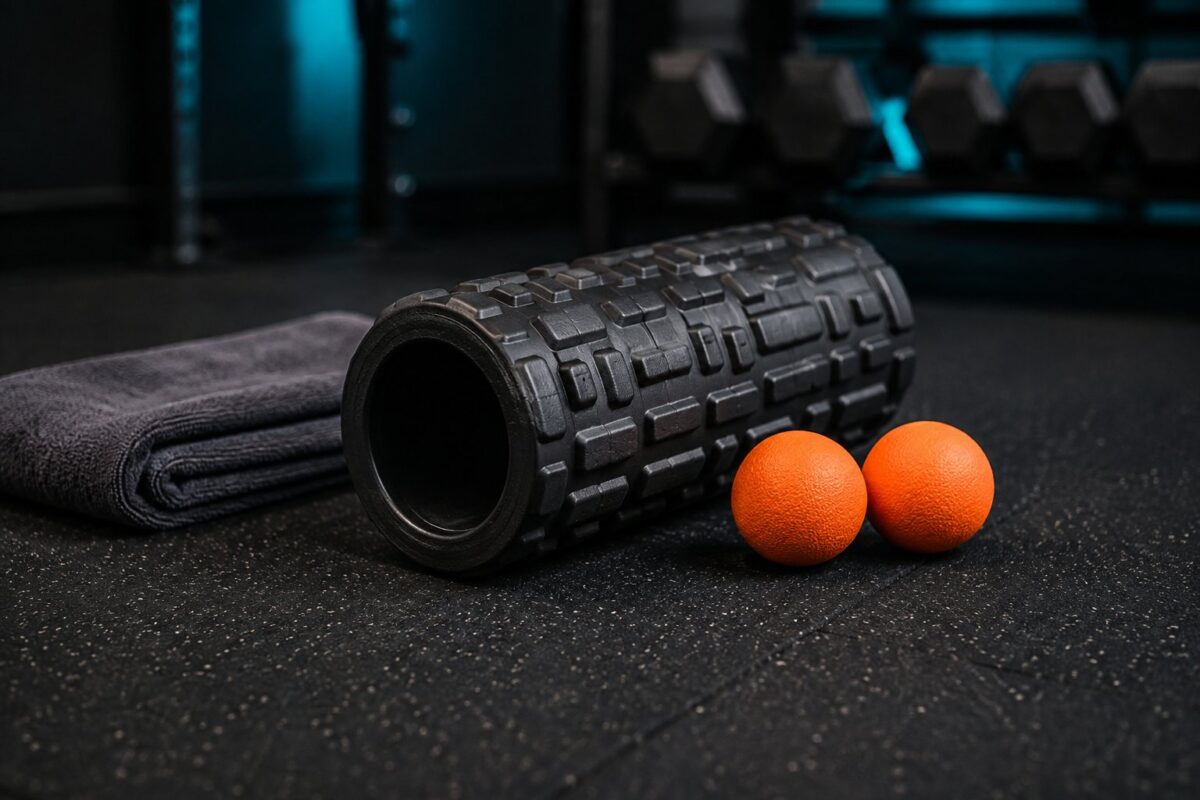 Black foam roller and two orange lacrosse massage balls on a dark rubber gym floor with a towel