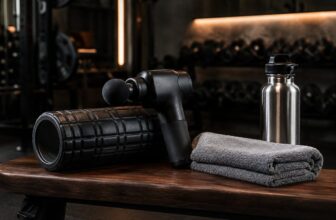 Massage gun and foam roller on a wooden gym bench with towel and water bottle