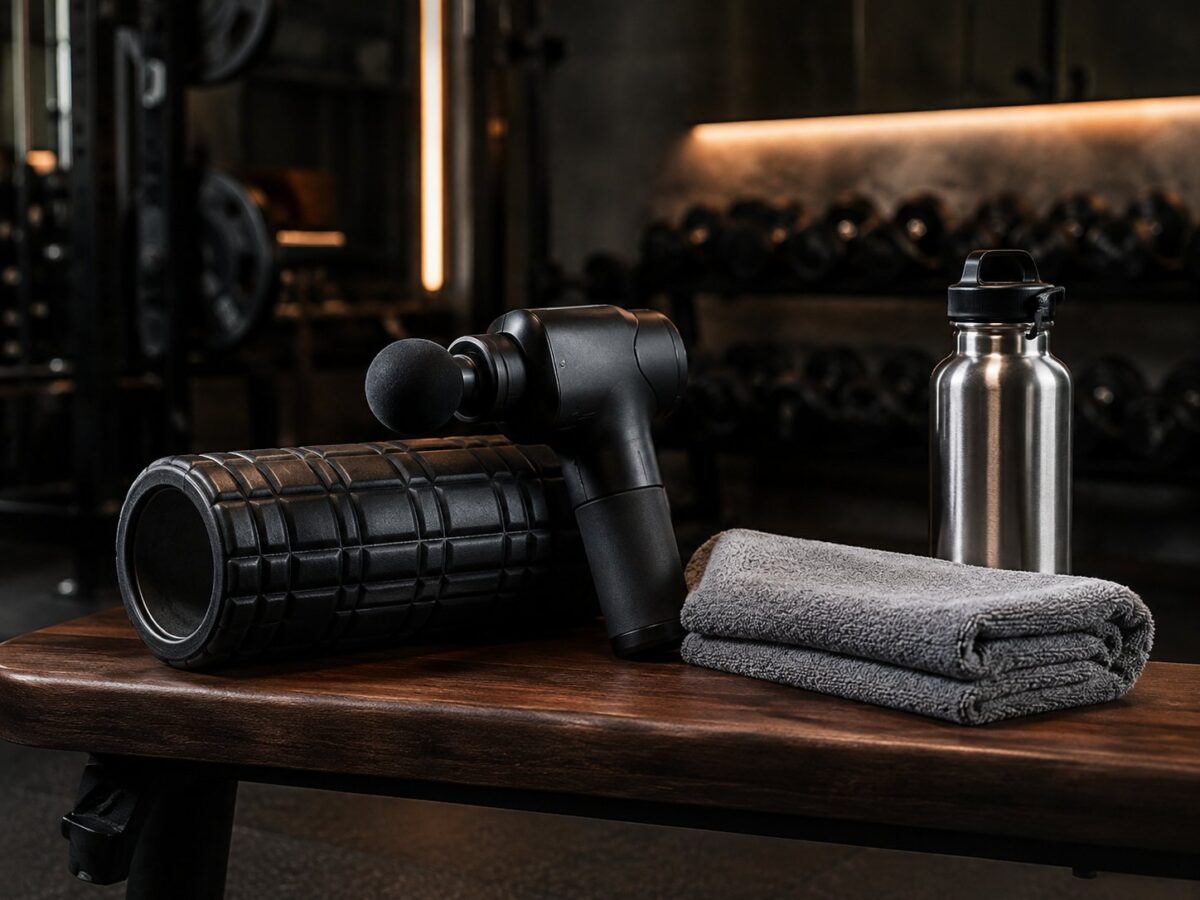 Massage gun and foam roller on a wooden gym bench with towel and water bottle