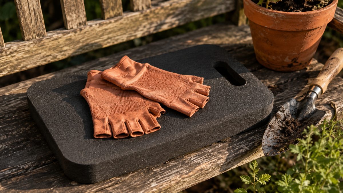 Foam kneeling pad and compression gloves on a wooden garden bench