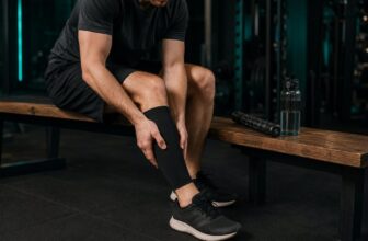 Runner on a gym bench massaging their lower leg with a calf compression sleeve on