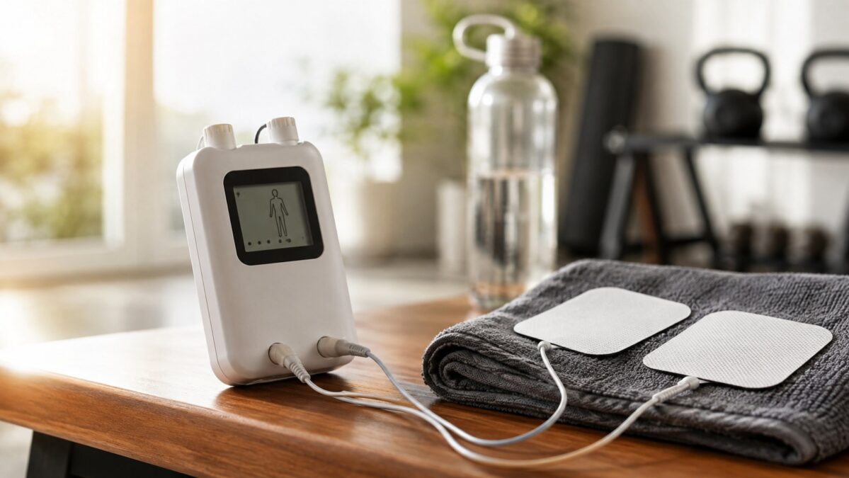 TENS unit with wired electrode pads on a folded gray towel on a gym bench