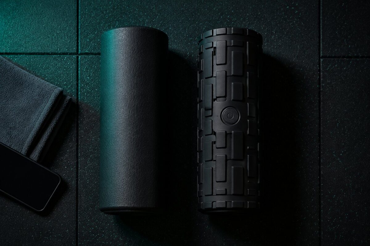 Two black foam rollers side by side on a dark gym floor, one with a power button