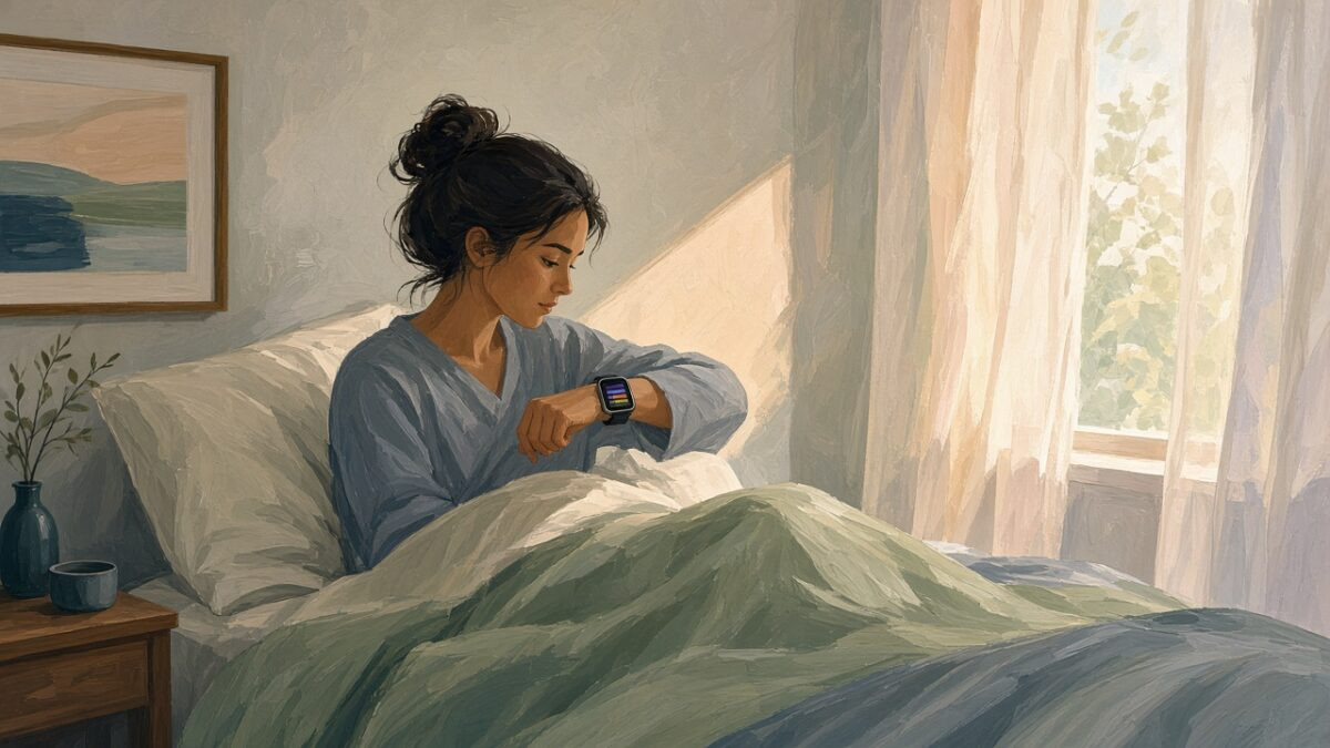 Illustration of a person in bed in the morning checking sleep data on a smartwatch