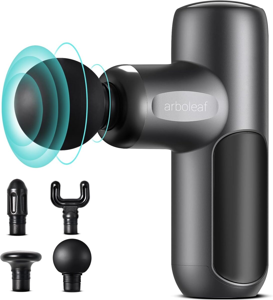 arboleaf mini massage gun with four attachment heads