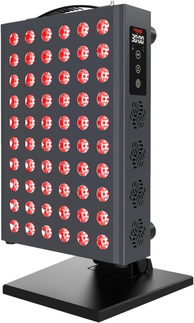 Hooga PRO300 red light therapy panel on table top stand