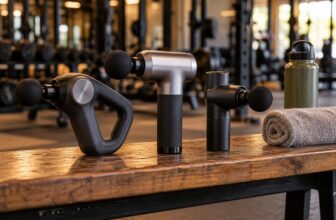 Three massage guns lined up on a wooden gym bench