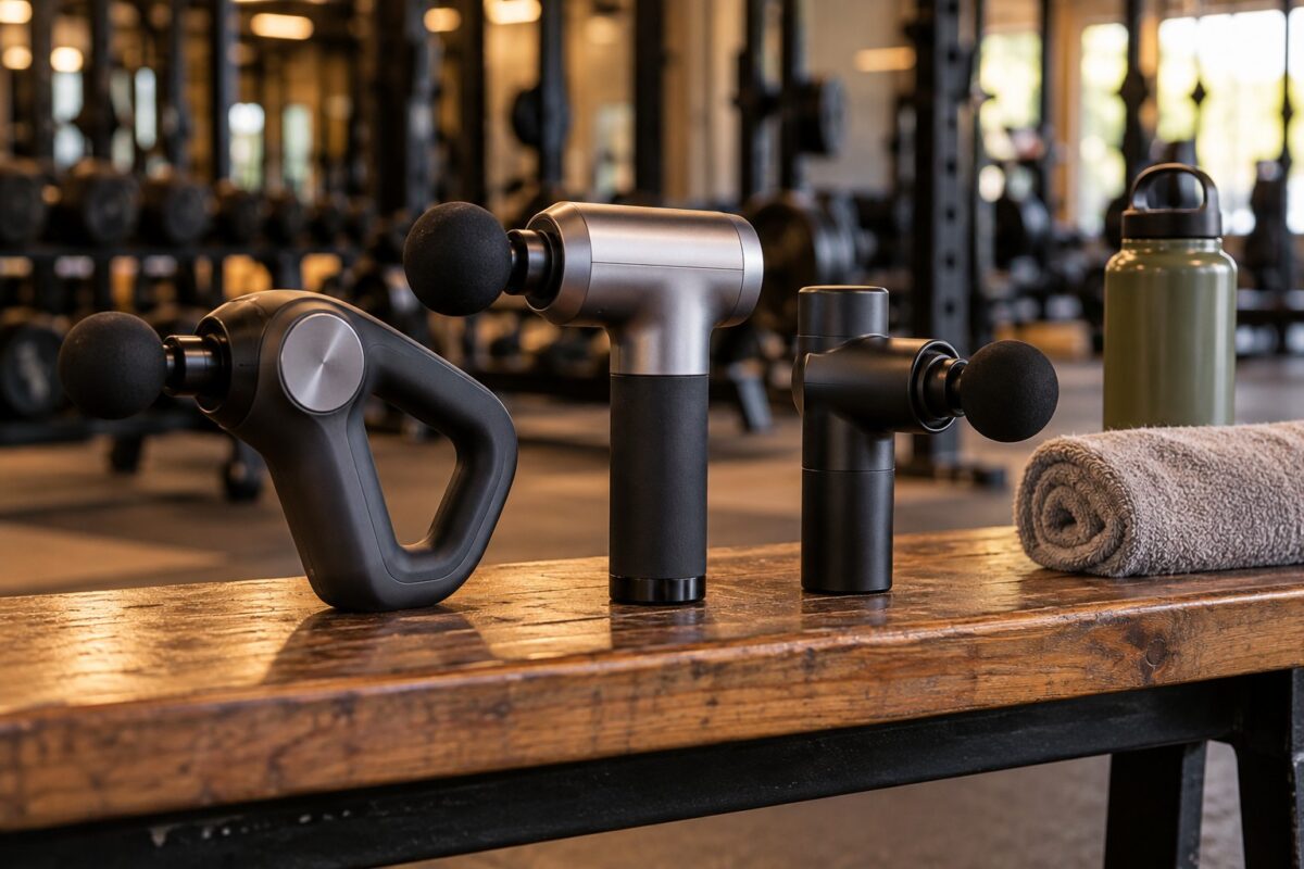 Three massage guns lined up on a wooden gym bench