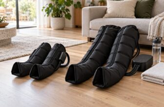 Compact and full length leg compression boots side by side on a living room floor