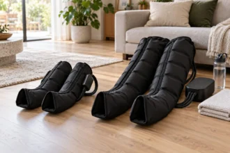 Compact and full length leg compression boots side by side on a living room floor