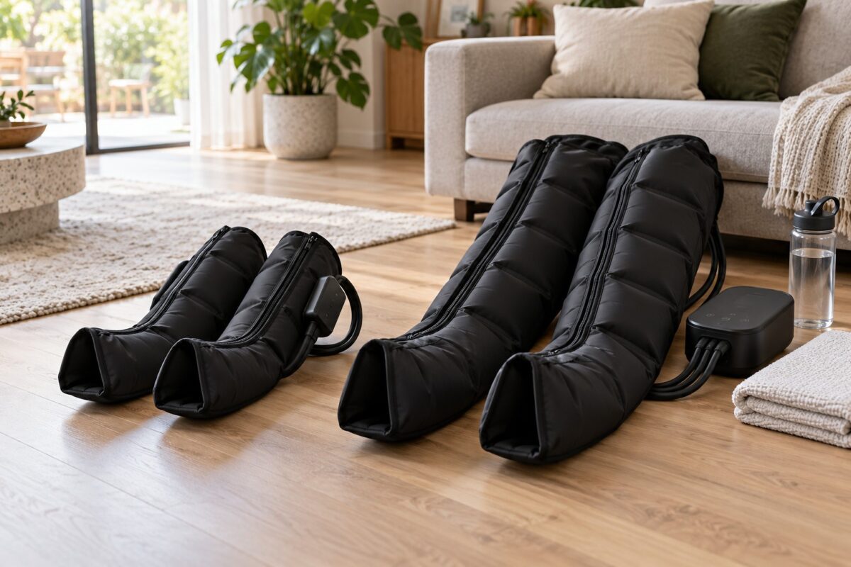 Compact and full length leg compression boots side by side on a living room floor