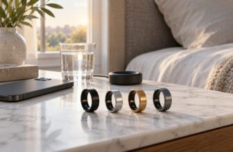 Four smart rings in different finishes on a marble nightstand