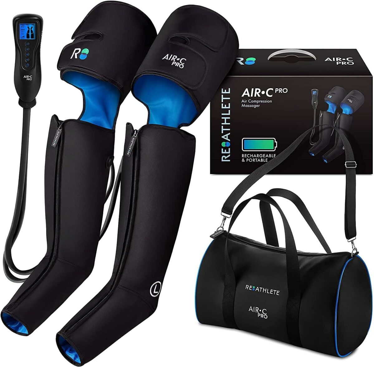 REATHLETE AIR-C cordless leg compression massager with control unit