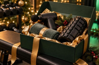 Open green gift box on a gym bench holding a massage gun, foam roller and rolled towel with evergreen sprigs