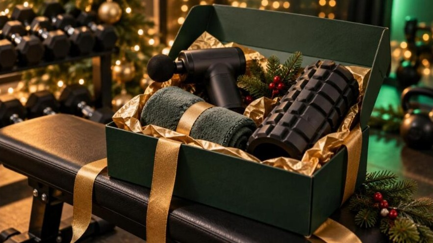 Open green gift box on a gym bench holding a massage gun, foam roller and rolled towel with evergreen sprigs