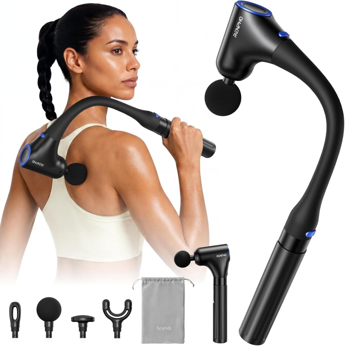 RENPHO Reach Curve massage gun with extension handle