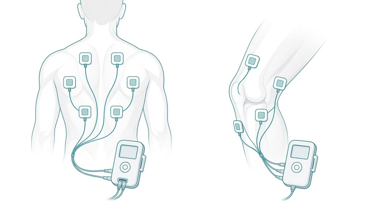 Illustration of TENS pad placement on the lower back and around the knee