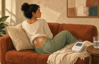 Illustration of a person relaxing on a couch with TENS pads on the lower back