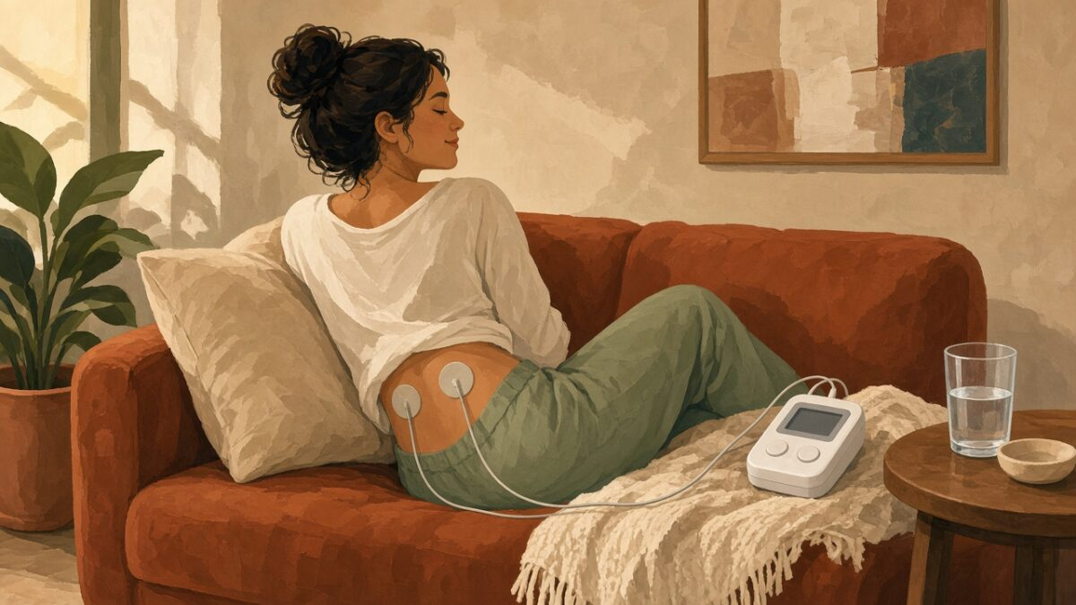 Illustration of a person relaxing on a couch with TENS pads on the lower back