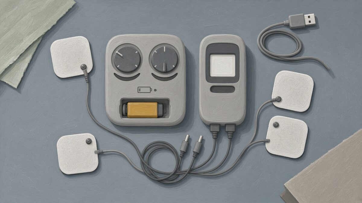 Illustration of two TENS units laid out side by side with electrode pads and lead wires
