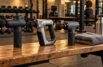 Three cordless percussion massage guns on a wooden gym bench next to a towel and water bottle