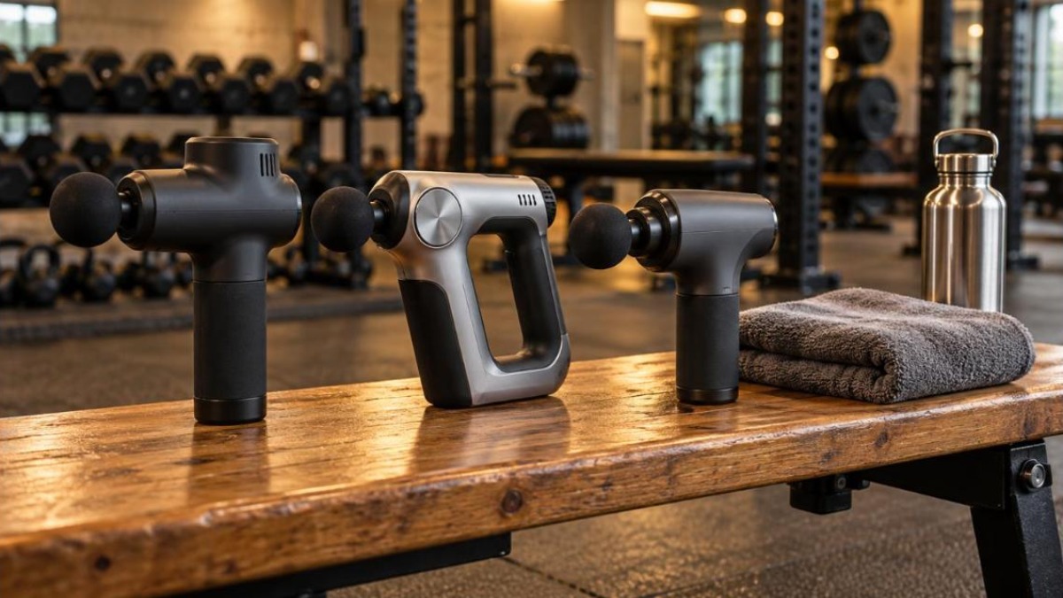 Three cordless percussion massage guns on a wooden gym bench next to a towel and water bottle