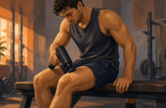 Illustration of an athlete using a massage gun on the quad after a workout