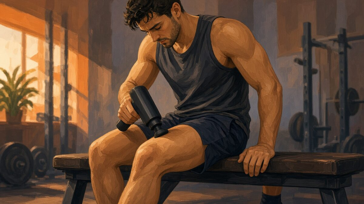 Illustration of an athlete using a massage gun on the quad after a workout
