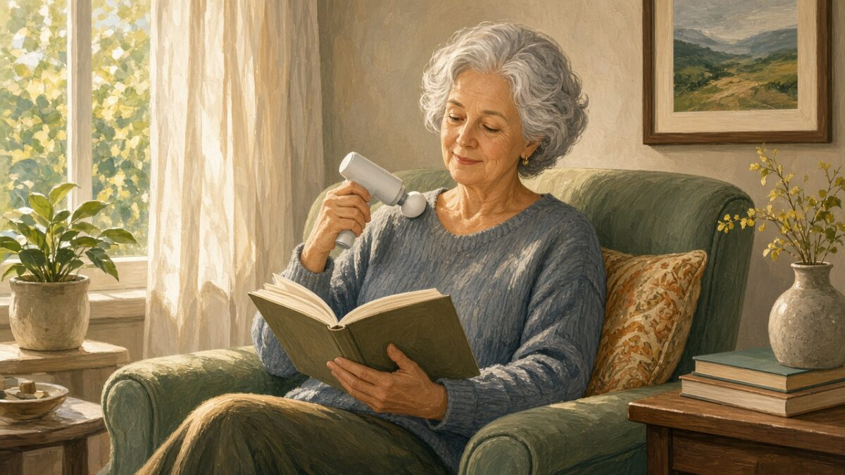 Illustration of an older woman using a light massage gun on her shoulder at home