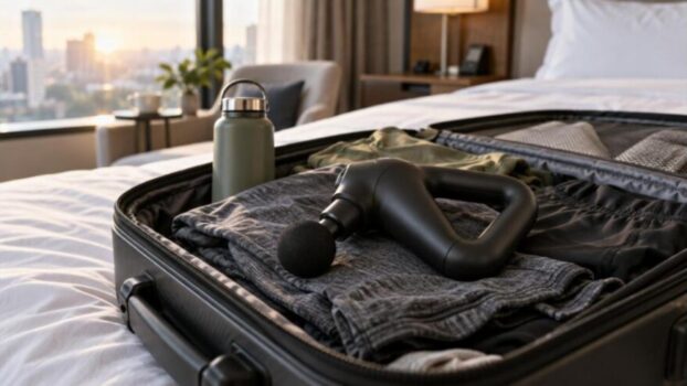 Compact black massage gun lying on folded gym clothes in an open suitcase on a hotel bed
